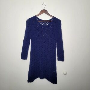 Chadwicks Navy Blue Crochet Diamond Knit Cotton 3/4 Sleeve Pullover Sweater Top